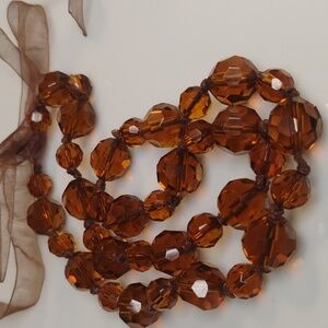 VTG Elegant Amber Tone Glass Beaded Necklace